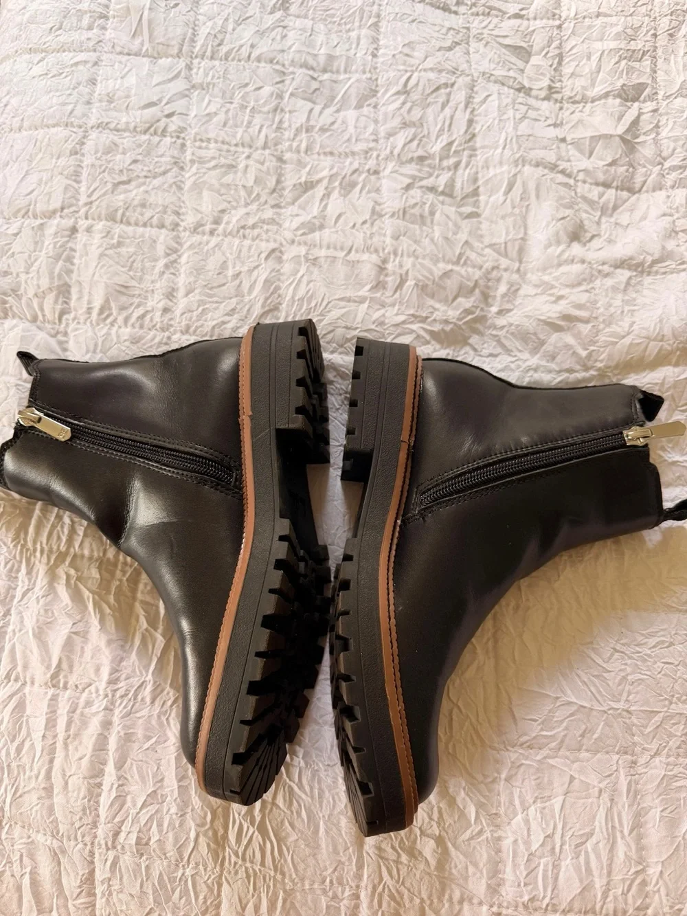 Sam Edelman Black Leather Chelsea Lug Boots with Brown Trim